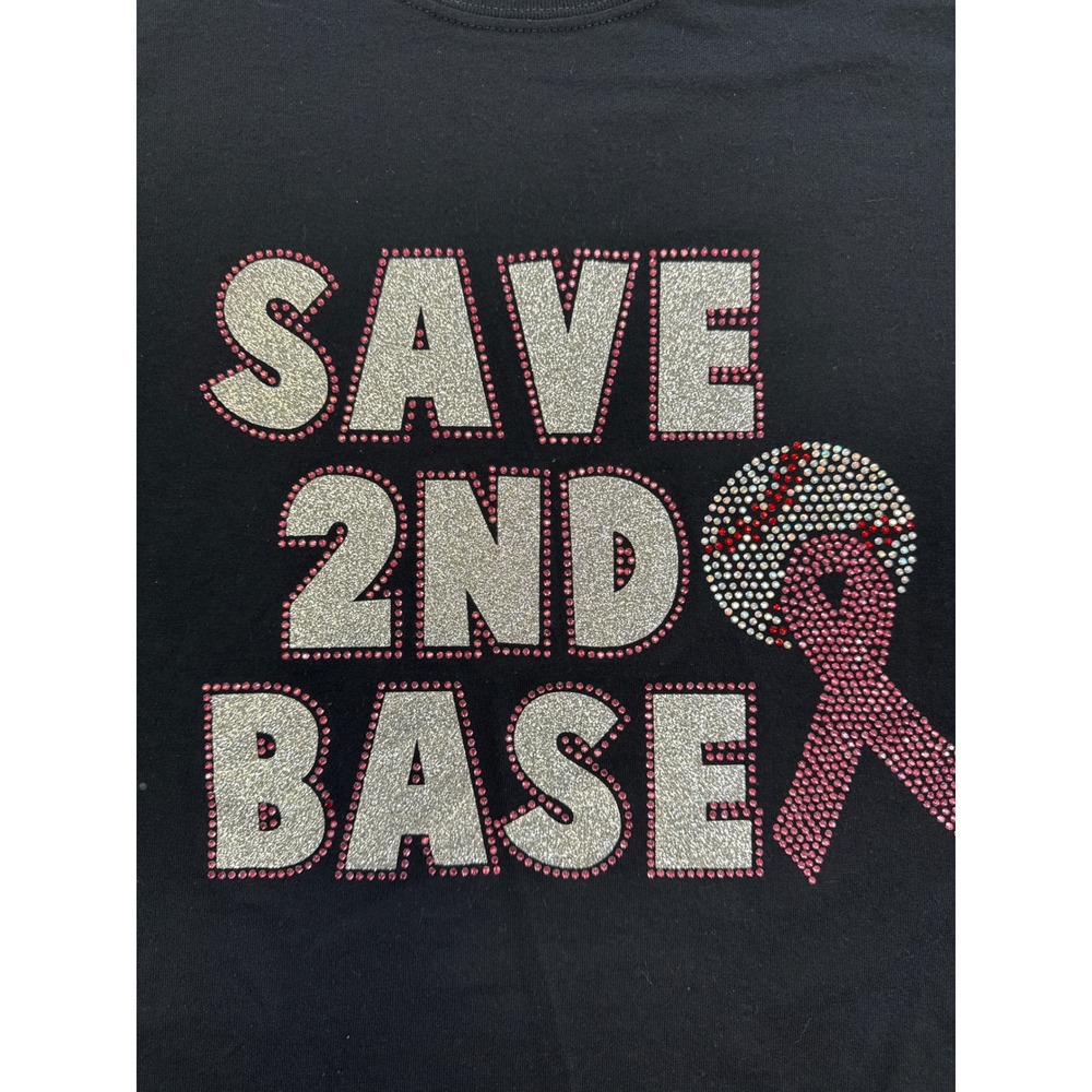 Gildan Save 2nd Base Breast Cancer Awareness Rhinestone Glitter T-Shirt Large - Picture 5 of 6